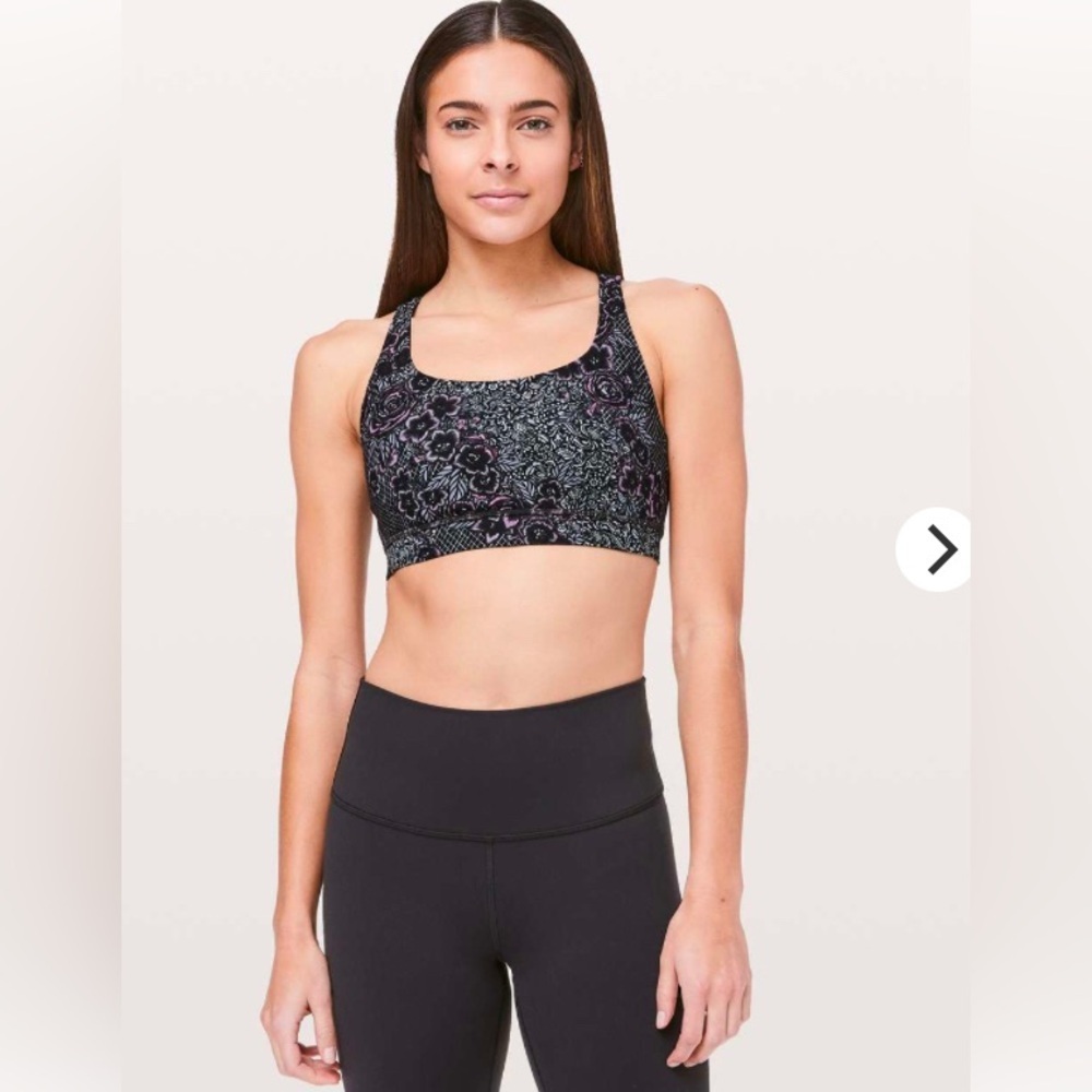 Lululemon Energy Bra Racerback Floral Print Removable Cups Size 4 Black